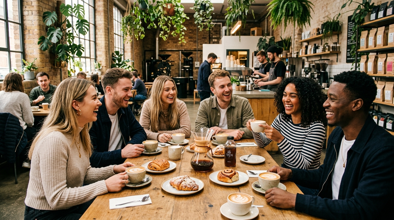 Una animada Coffee Party en una moderna cafetería de especialidad con café de origen y repostería artesana.