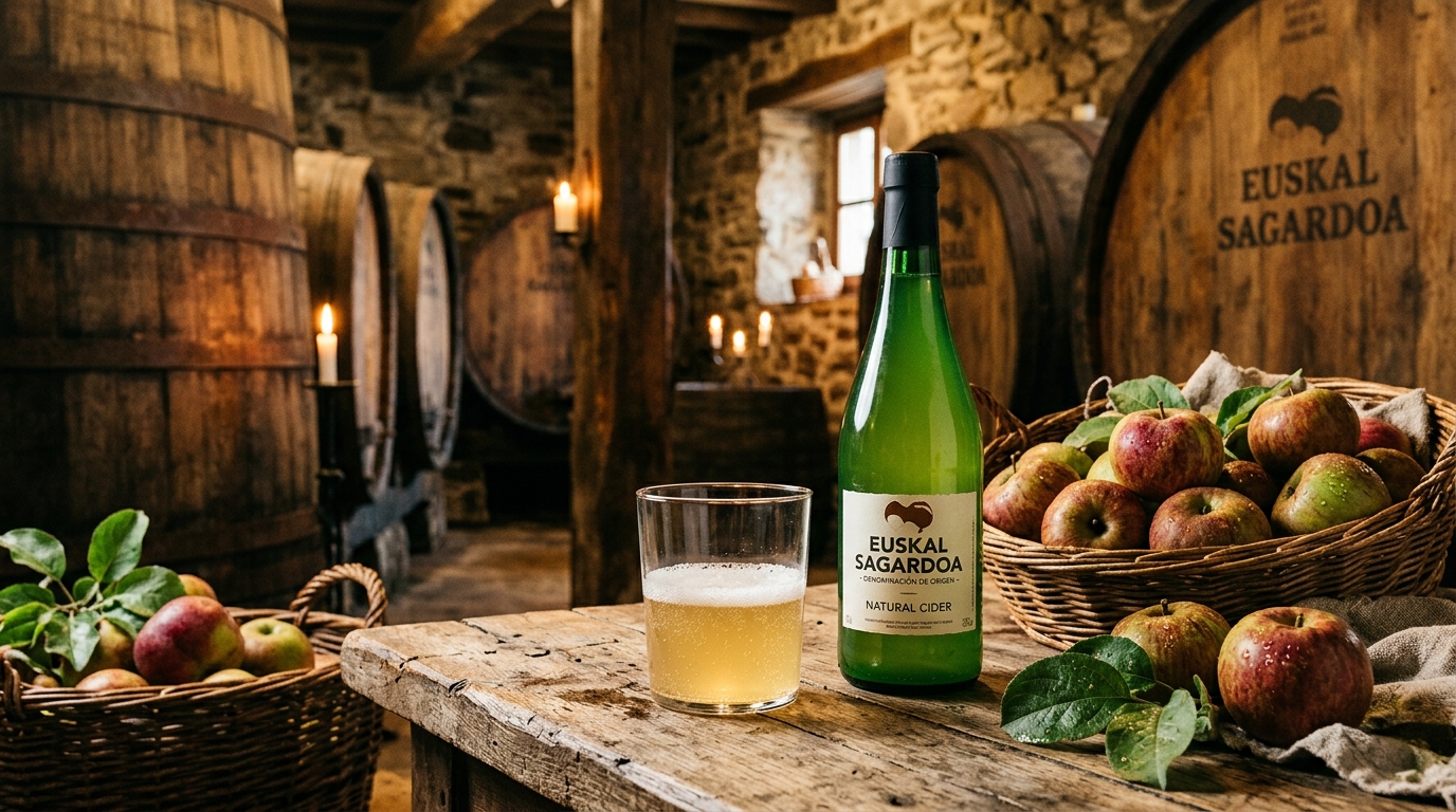 Euskal Sagardoa y manzanas autóctonas de sidrería en kupela tradicional.