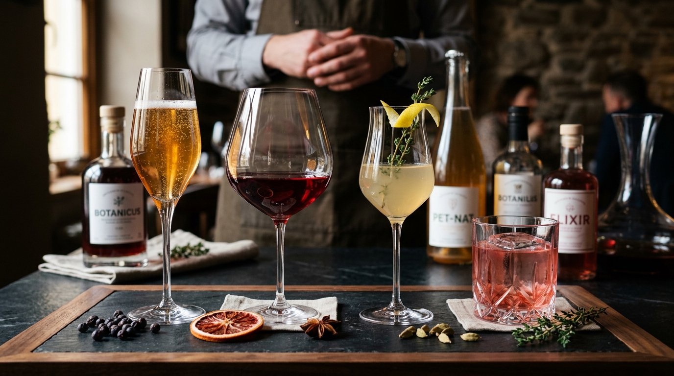 Gama de bebidas gastronómicas No/Low: fermentaciones complejas, tés pét-nat y maceraciones botánicas para la alta cocina.