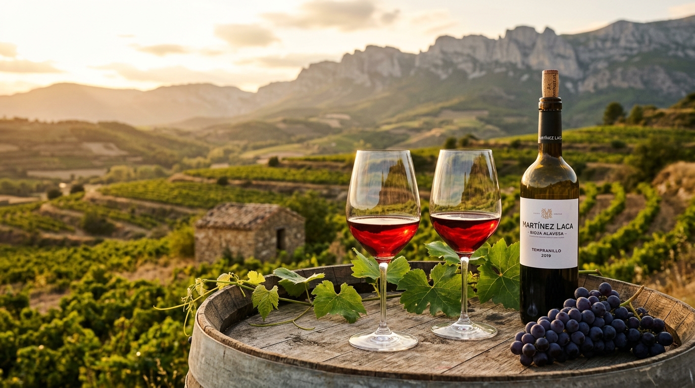 Celebración del Día del Vino en Rioja Alavesa con copas de Tempranillo frente a los viñedos y la Sierra de Cantabria.