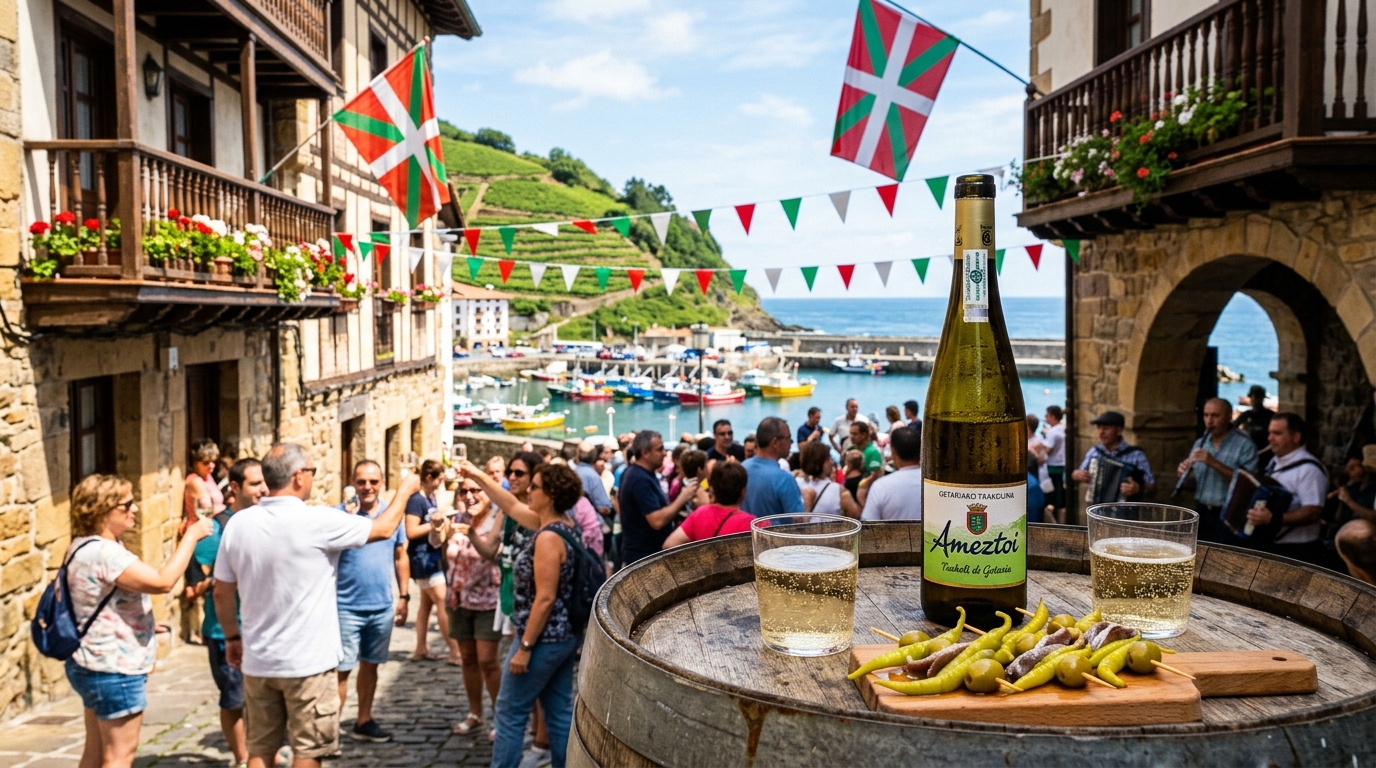 Celebración popular en torno al Txakoli con copas, pintxos de gilda y vistas al mar Cantábrico.